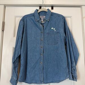 Port Authority Light Blue Denim Shirt with White Daisy Embroidery Vintage